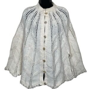 Vintage Cream Chunky Knit Cape Poncho Sweater Cardigan 70s Cottagecore Boho‎